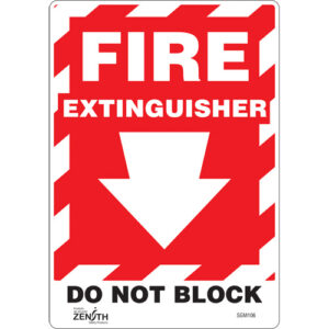 ""Fire Extinguisher Do Not Block"" with Down Arrow Sign
