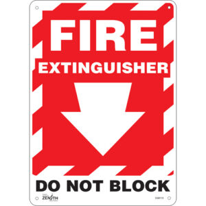 ""Fire Extinguisher Do Not Block"" with Down Arrow Sign