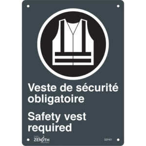 ""Port du dossard obligatoire/Safety Vest Required"" Sign