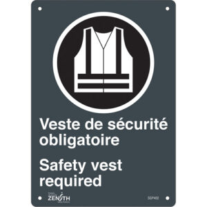 ""Port du dossard obligatoire/Safety Vest Required"" Sign